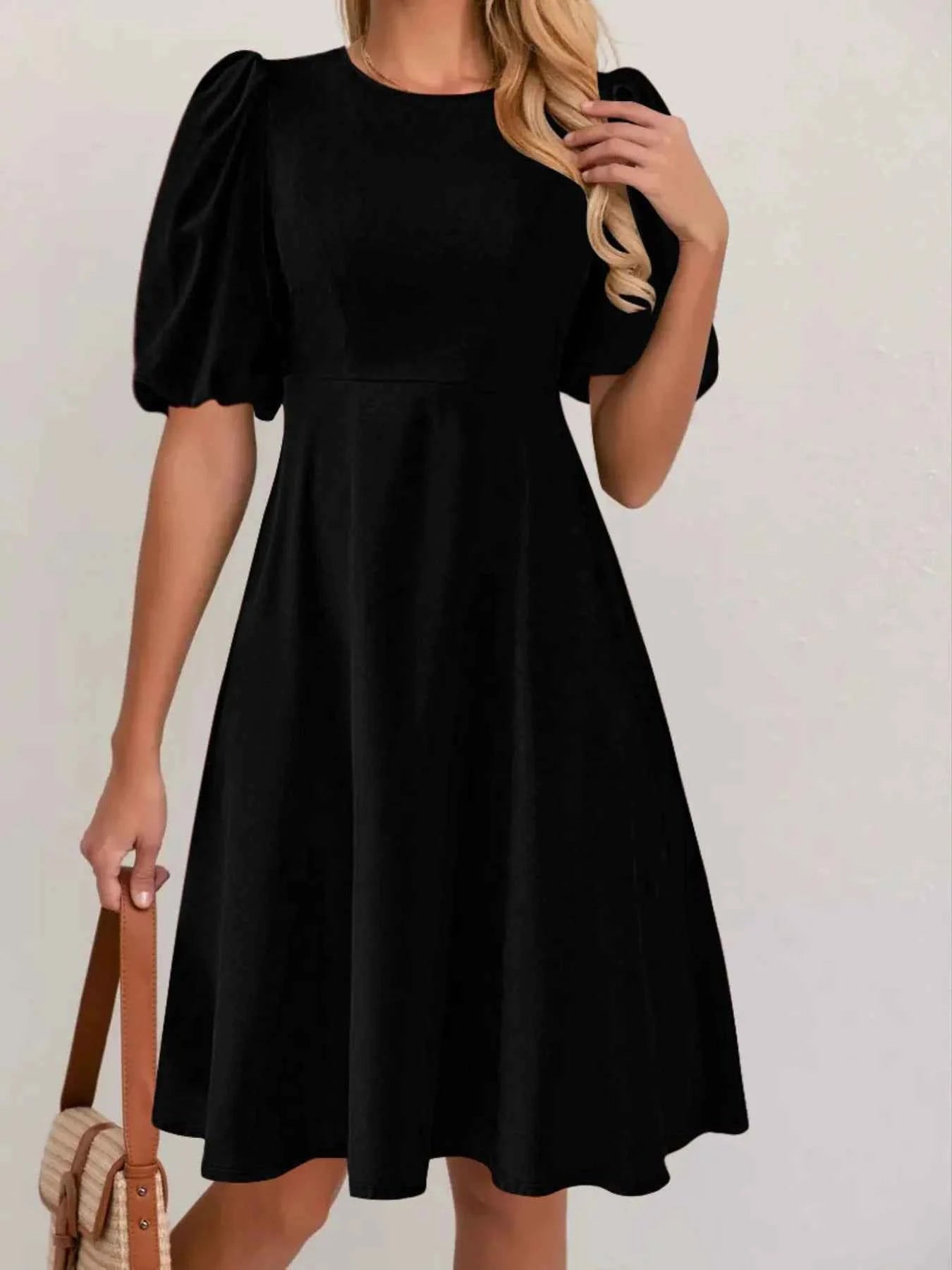 Round Neck Puff Sleeve A-Line Dress Black 481ee4a135d64d0fa3c4ac74084264c9-Max-Origin