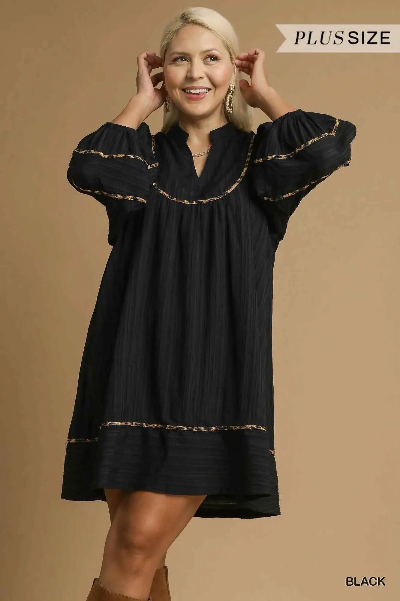 Umgee Full Size Textured Babydoll Dress with Leopard Trim Plus Size 481f2b8d-5765-497c-90f6-3b9dd5687a7b-Max-Origin