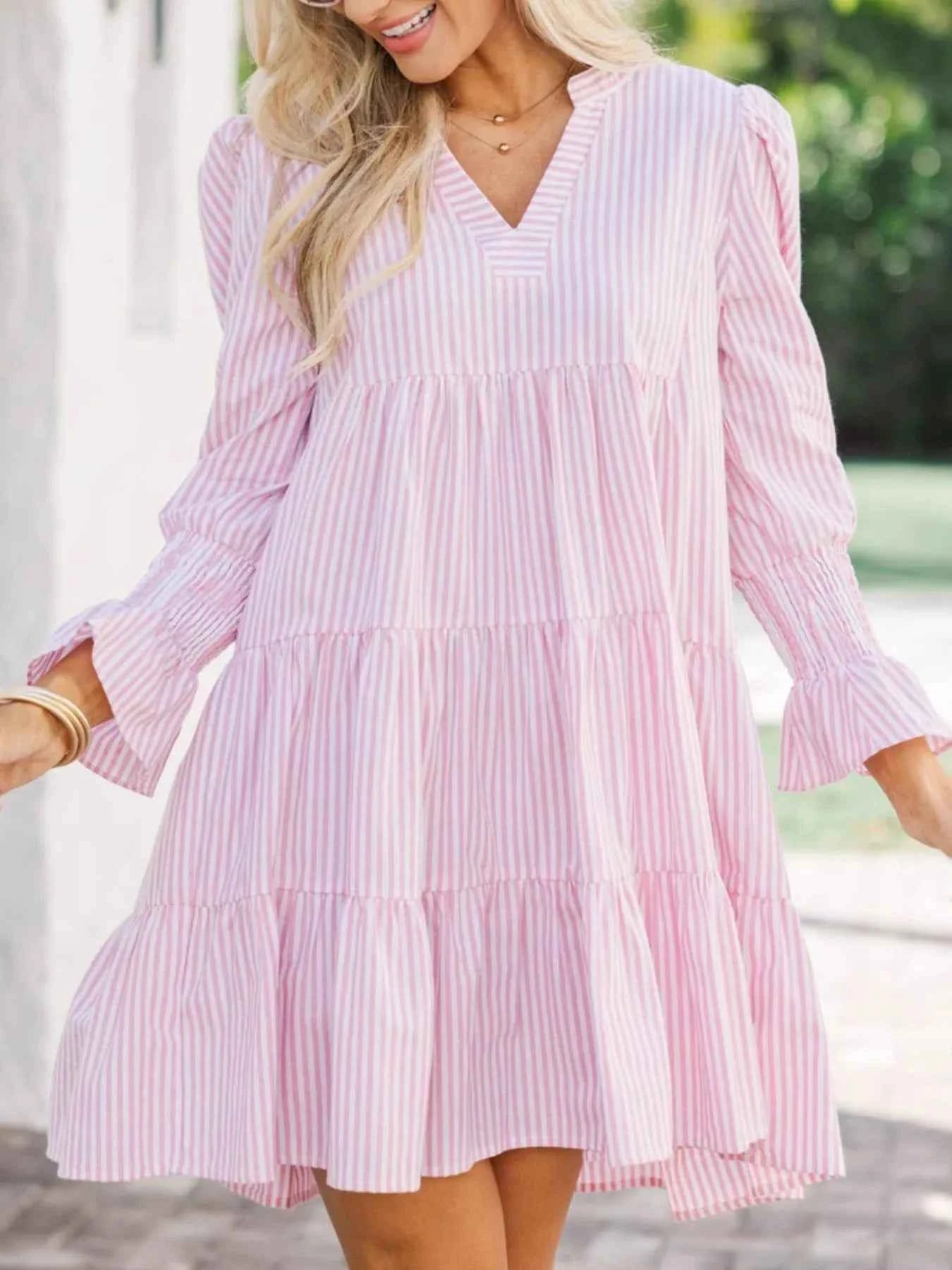 Striped Tiered Flounce Sleeve Shirt Dress Pink 4822a310-7637-4bd1-8170-ef8b7e1dcbc0-Max-Origin