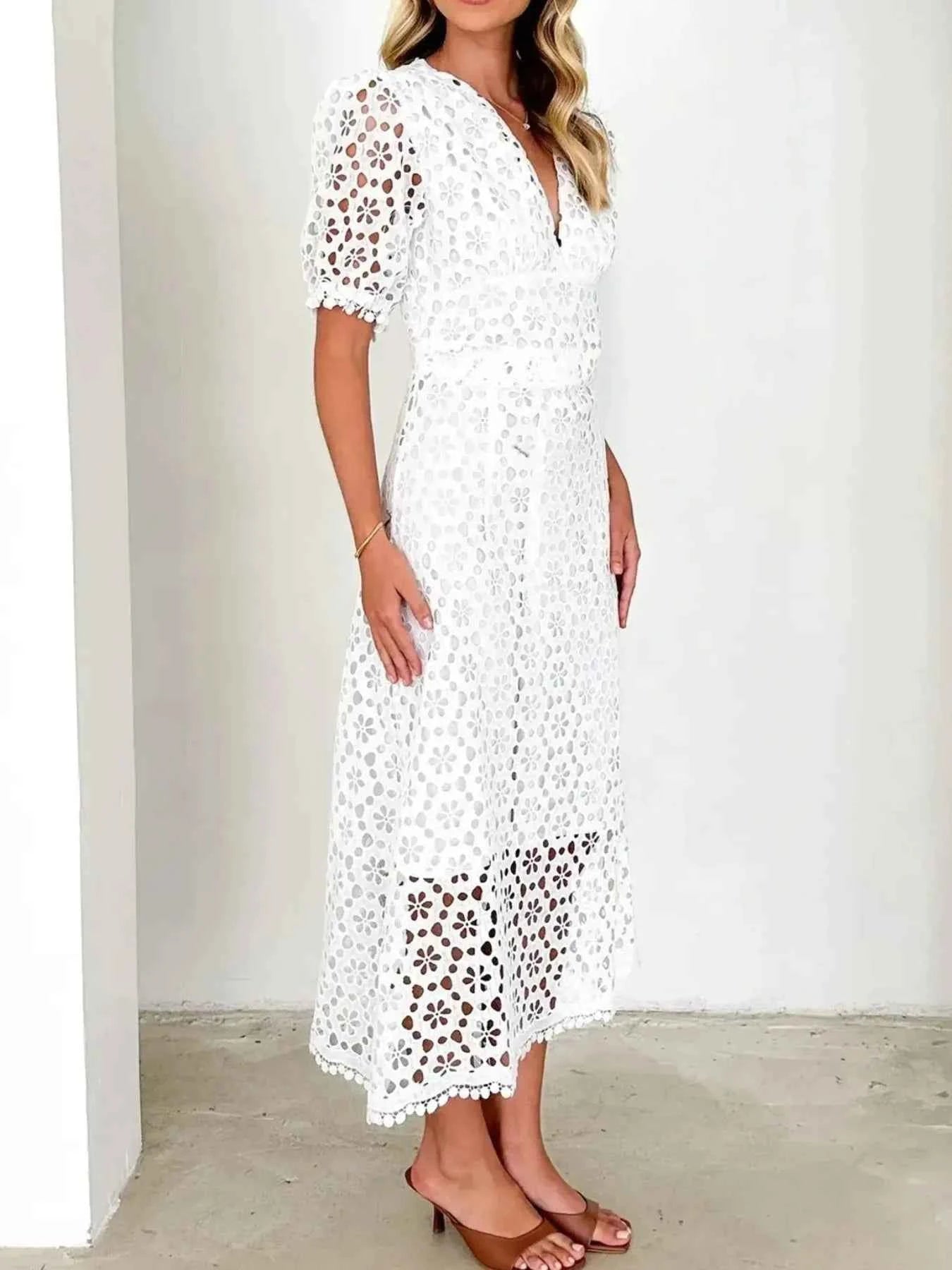 Eyelet Lace V-Neck Midi Dress with Puff Sleeves 48260187-6c78-47ac-87cc-014f61525d7b-Max-Origin