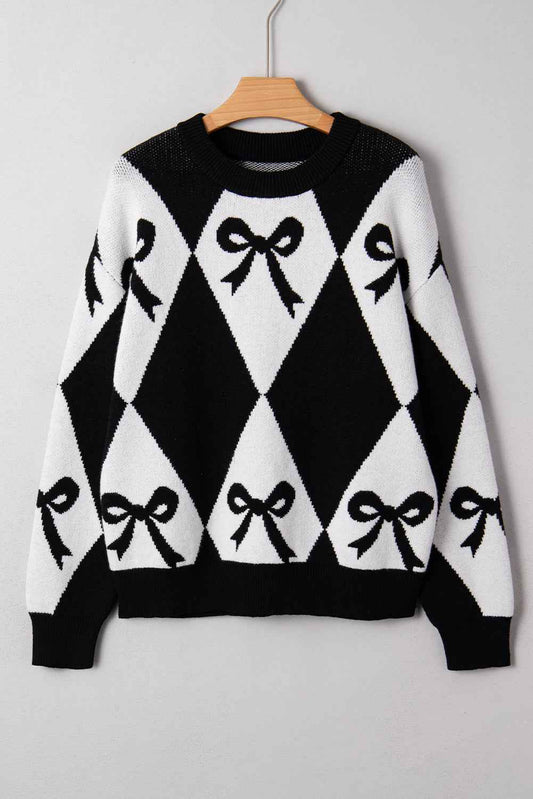 Black Bow Pattern 2-tone Rhombus Knit Loose Sweater 482728d933a2e2ee