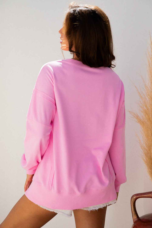 Pink Bow Sequin XOXO Letter Graphic Exposed Seam Baggy Sweatshirt 482c7dac962c1228