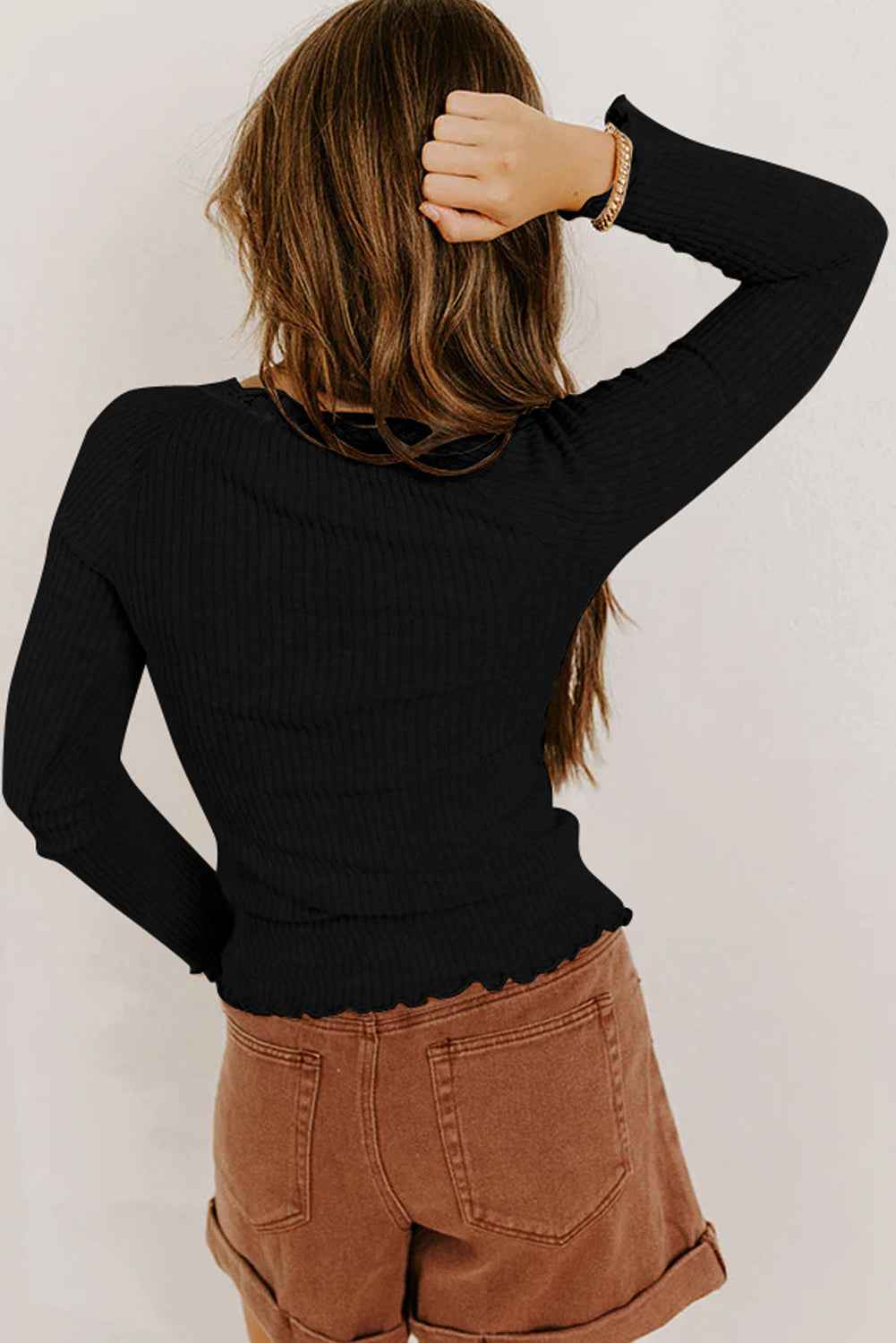 Black Lace Neckline Button Decor Lettuce Edge Long Sleeve Ribbed Top 482d988d0ad2782b