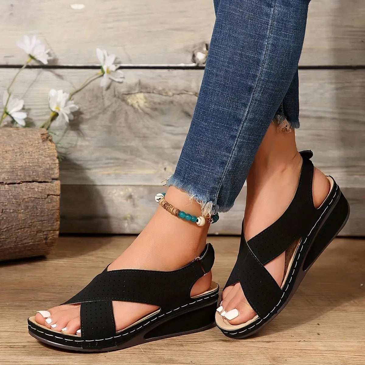 Criss-Cross Comfort Wedge Sandals Black 482f186df23640b4871e29b89d6ca9bf-Max-Origin