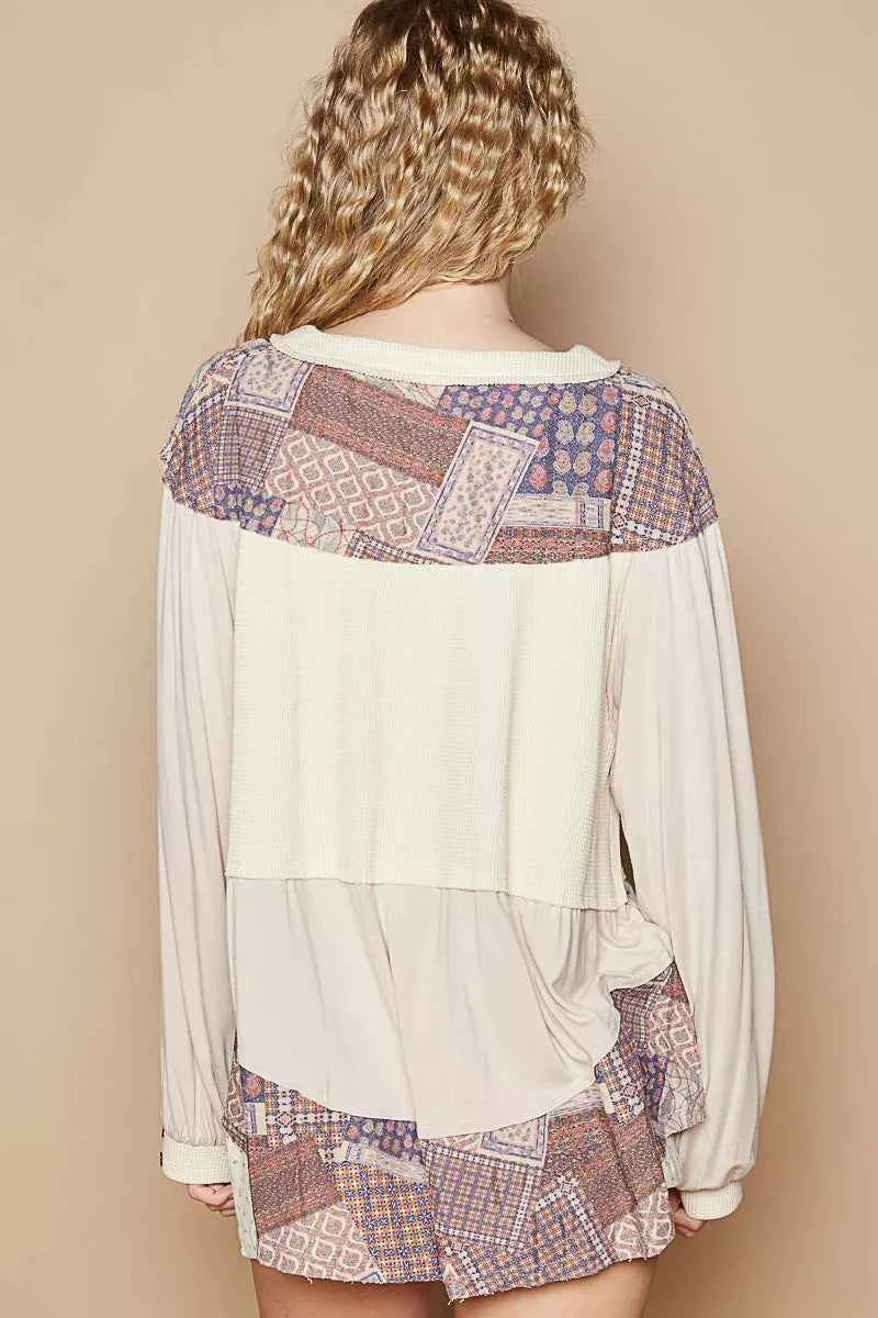 POL Half Button Balloon Sleeve Top with Printed Knit Contrast