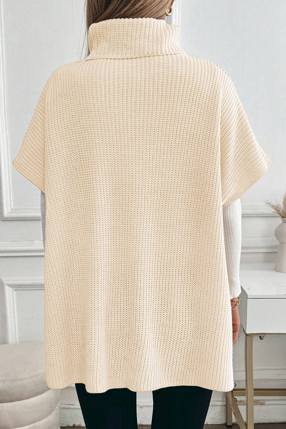 Jet Stream Plain Knit Casual Turtleneck Short Sleeve Tunic Sweater with Pockets 48321068208c9f31
