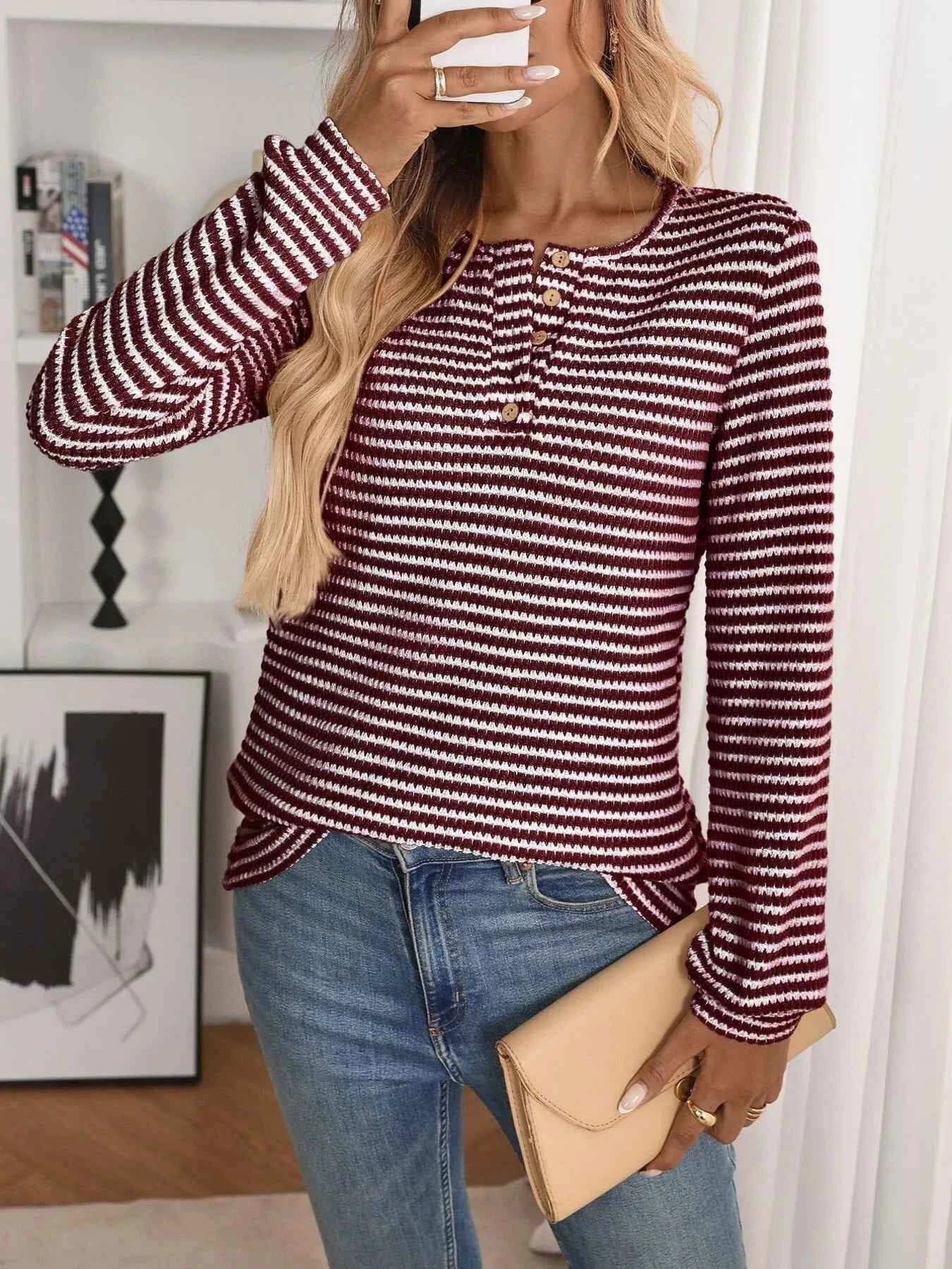 Striped Button Detail Long Sleeve Top 4832514086274d78ab0d12bce0fb6cfc-Max-Origin