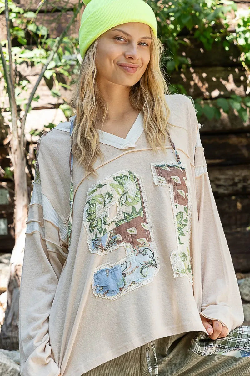 POL Exposed Seam Number Patch V-Neck Hooded Top Coconut Multi 4839ff81-d2a3-41a9-a5ee-fa112d5ace37-Max