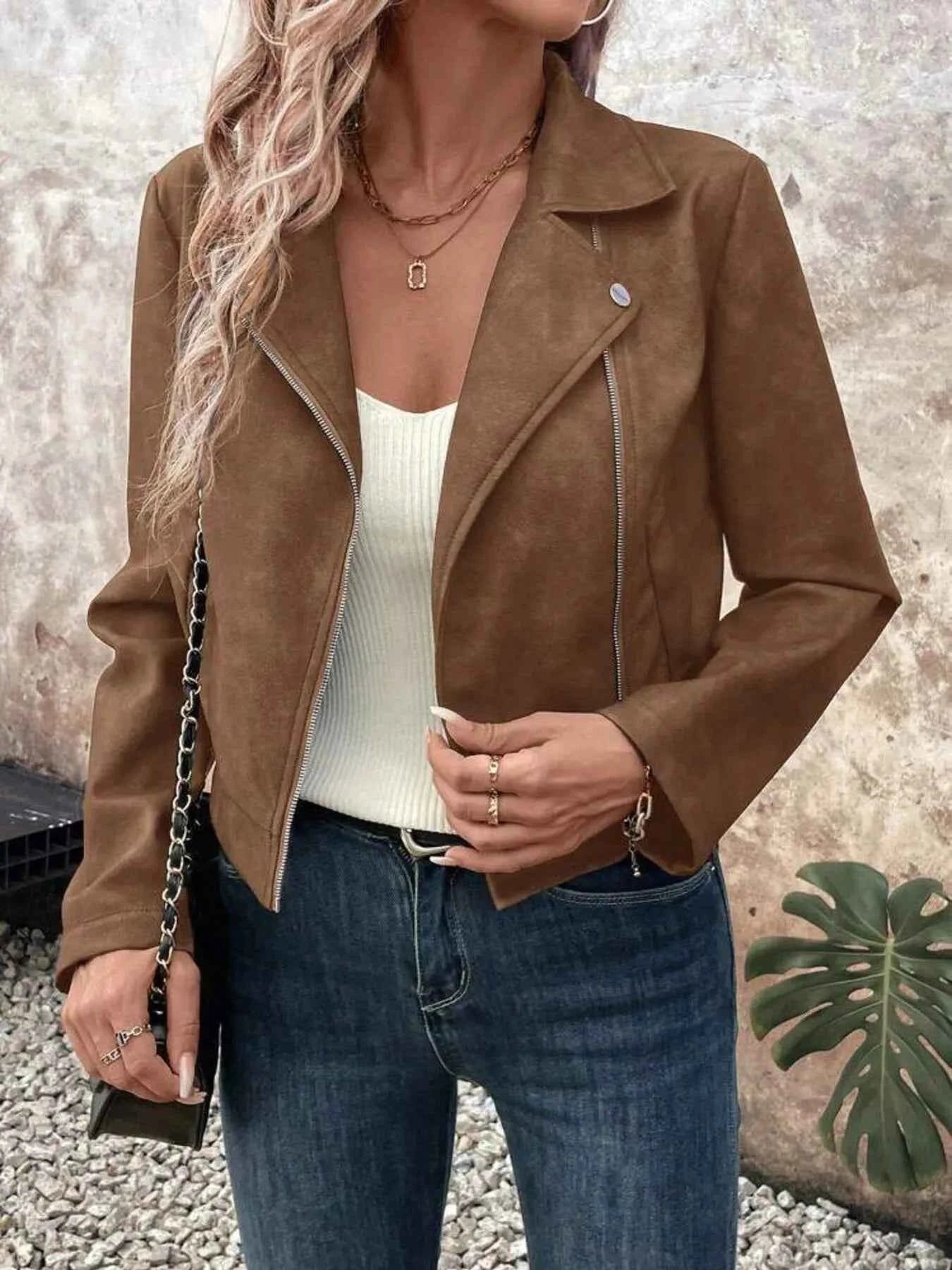 Zip Up Suede Cropped Moto Jacket