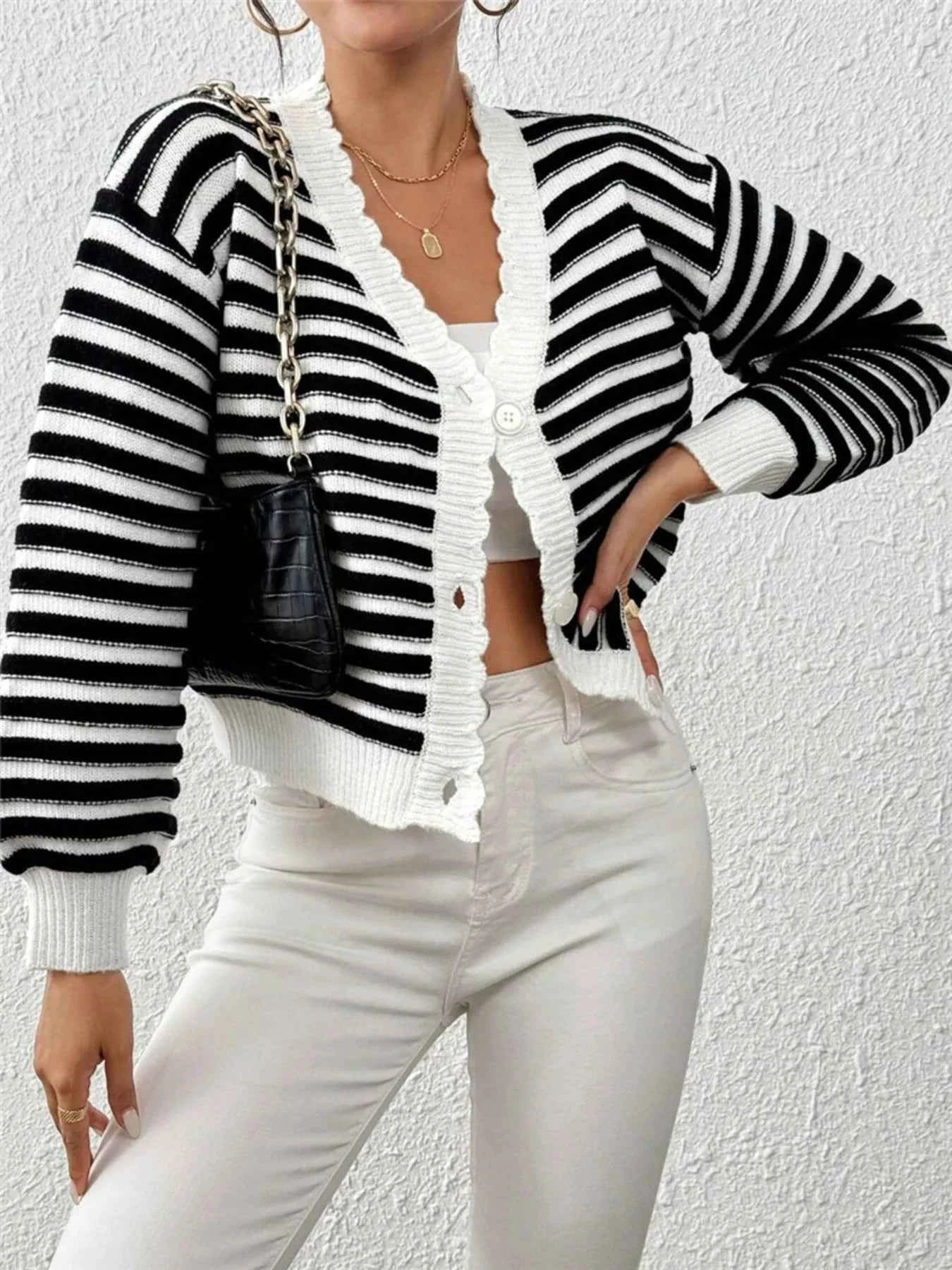 Rainbow Striped Cropped Cardigan with Balloon Sleeves