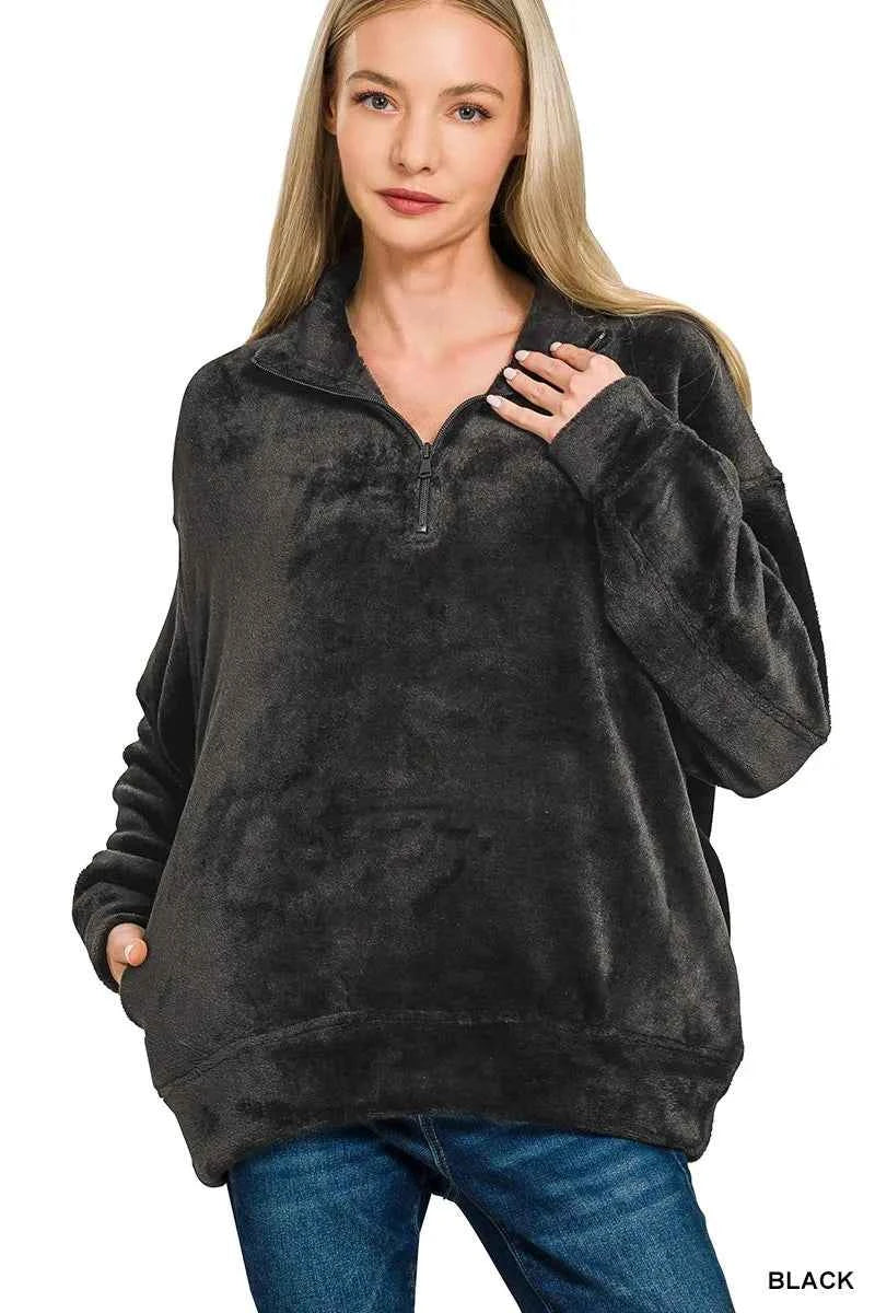 Zenana Faux Fur Half Zip Pocket Pullover BLACK 4840ec1bee9443129fc5bb7195a544e3-Max-Origin