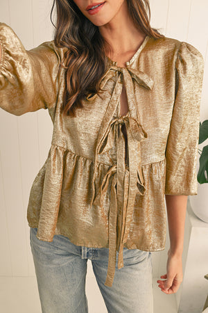 Gold Solid Color Bowknot Front Puff Sleeve Blouse Gold 100%Polyester 48410e1fe0ddbf1d