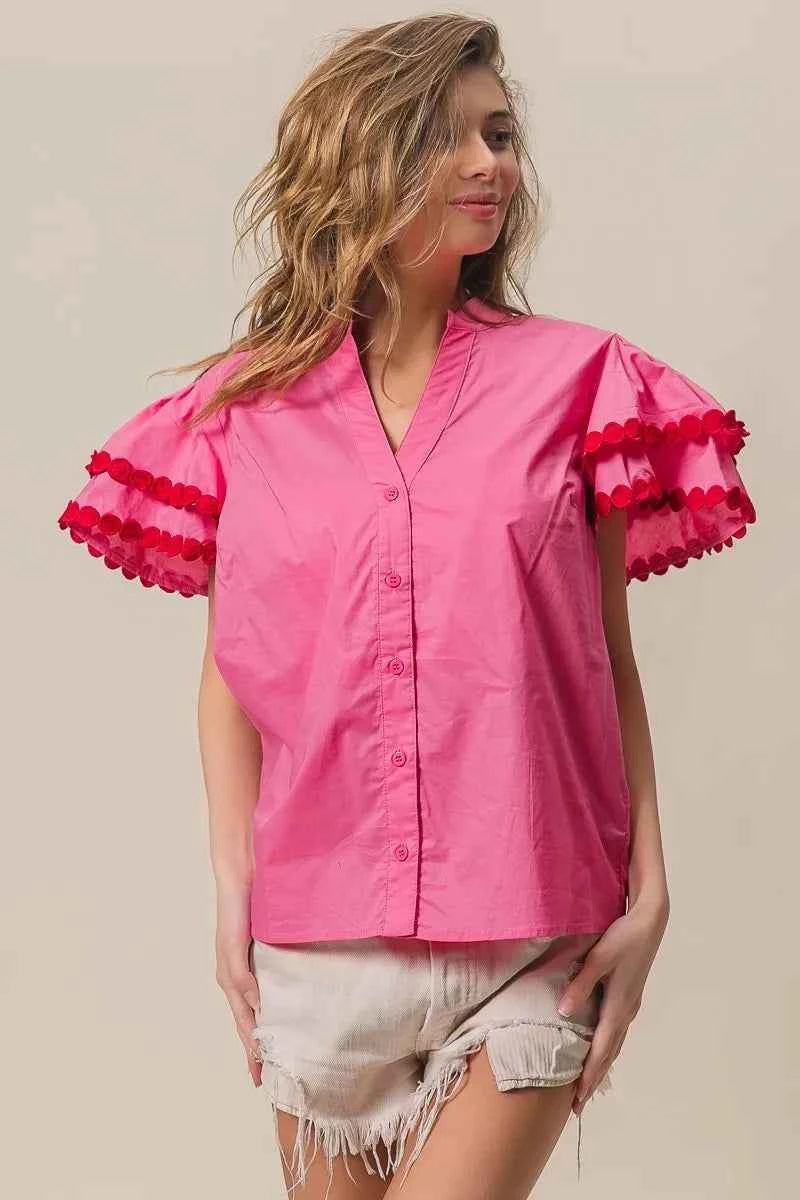 BiBi Dot Trim Flutter Sleeve Notched Top 48412afe80354c9581ca53b3f674ae8c-Max-Origin
