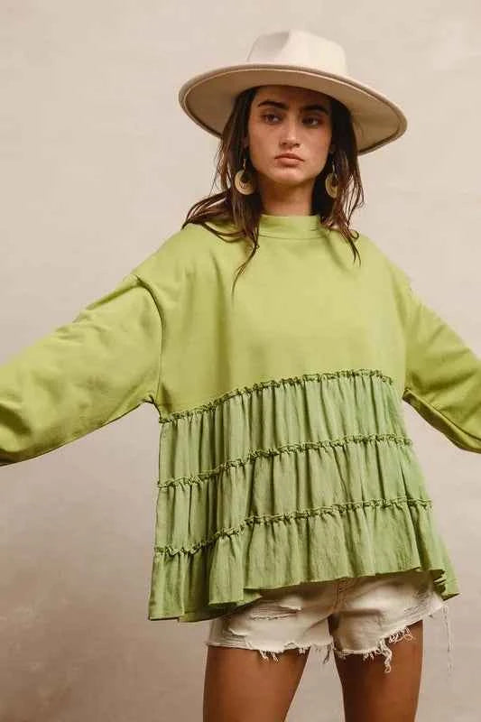 BiBi French Terry and Woven Mixed Tiered Top LT OLIVE 484188cd-56b4-4139-8fbf-de39d15c6cc3-Max-Origin