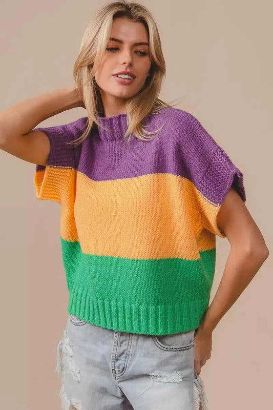 Mardi Gras Color Block Drop Shoulder Sweater Top 4843fd4495914bab93fa64beb97ebf6c-Max-Origin