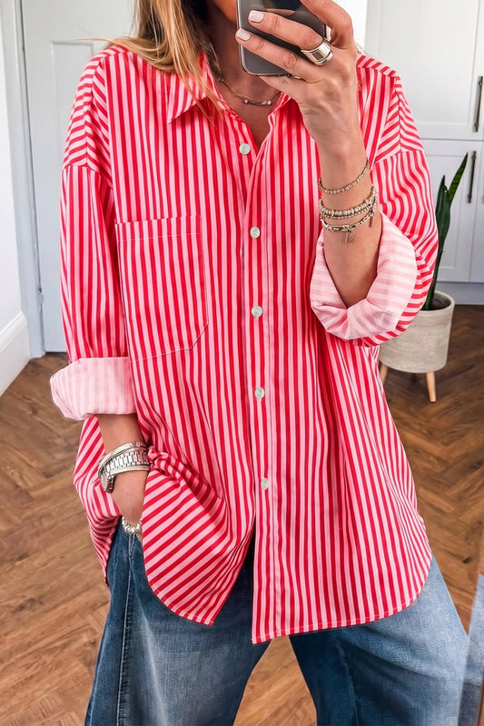 Red Stripe Button-Up Shirt Long Sleeve Patch Pocket Casual Shirt 4847988acf8d8189