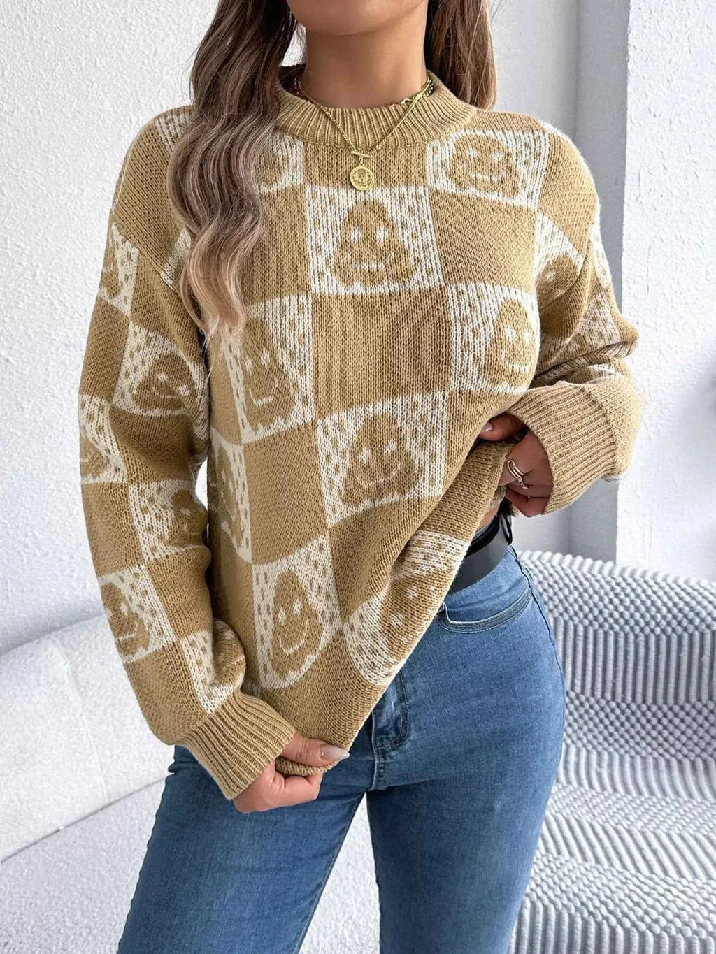 Halloween Ghost Pattern Checkered Round Neck Sweater 4847b9e4277444f3bf16447f8418a817-Max-Origin