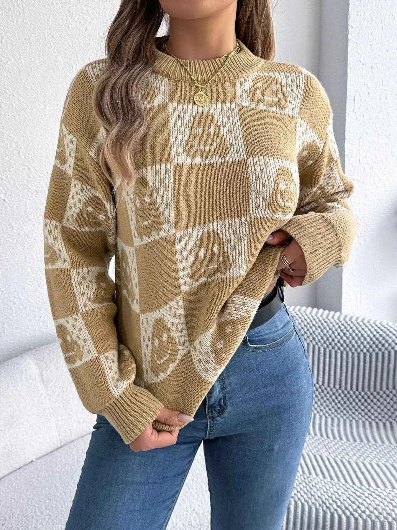 Halloween Ghost Pattern Checkered Round Neck Sweater 4847b9e4277444f3bf16447f8418a817-Max-Origin