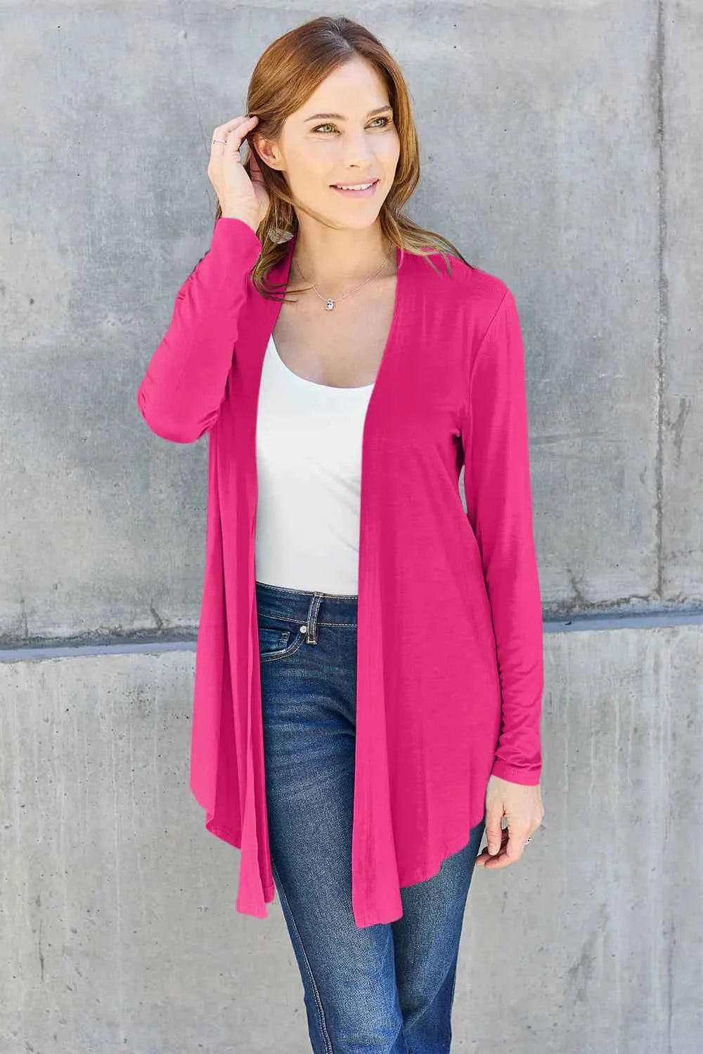 Basic Bae Full Size Open Front Long Sleeve Cardigan Hot Pink 48487b4c-bb33-4153-a01d-735097770c3d-Max