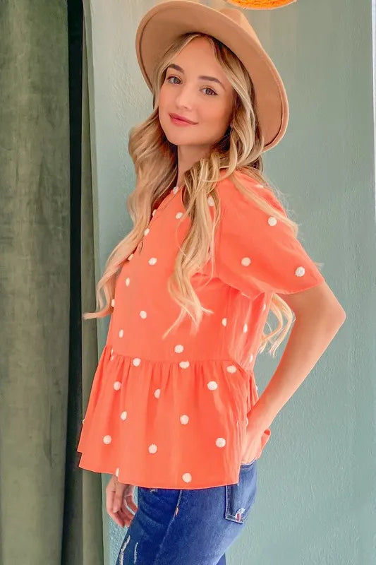 Pom Pom Polka Dot Short Sleeve Peplum Top with Pockets 4849cab73e4f419c8673b32a03ad13c0-Max-Origin