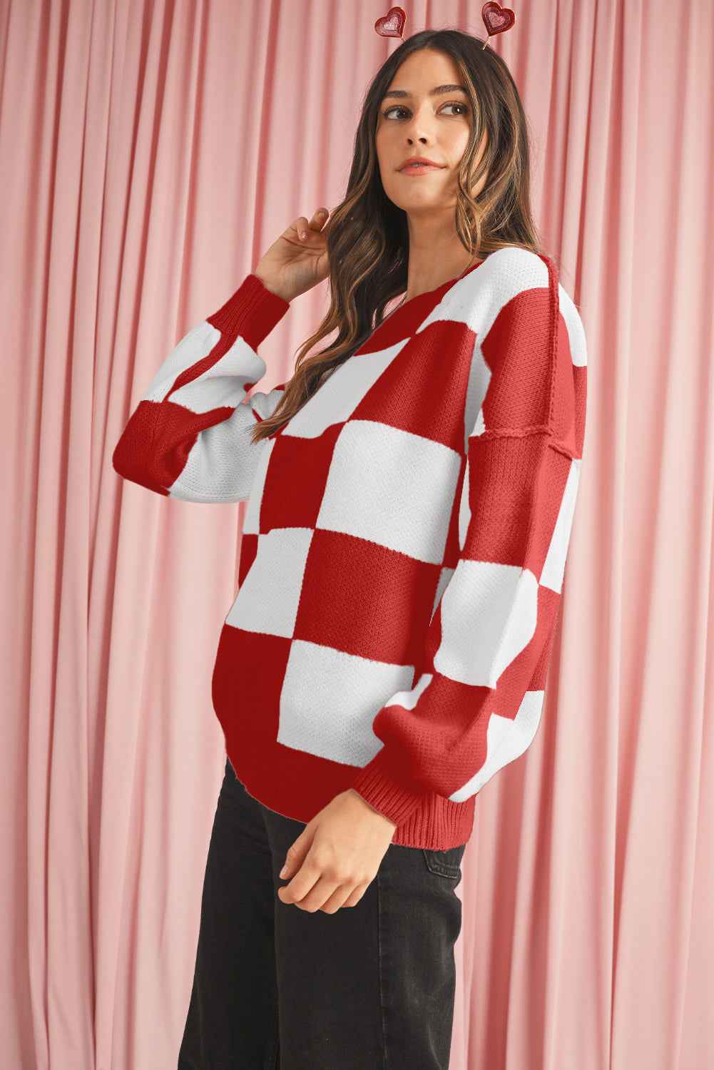 Fiery Red Plaid Bishop Sleeve Pullover Sweater 484a7ca77dfd0d36