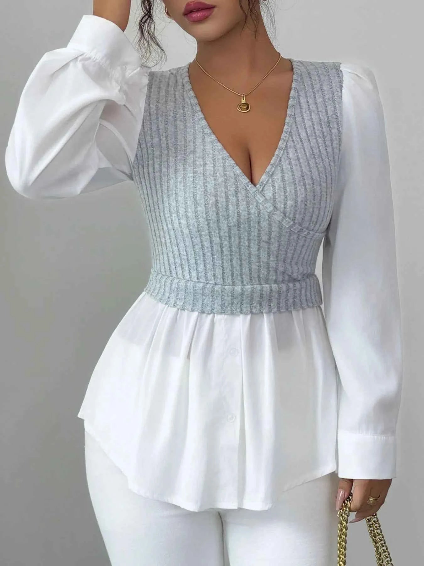 Ribbed Knit Splicing Contrast Long Sleeve Blouse Gray 484f3fed-6ea7-4530-bfe0-a5e8b1b54118-Max-Origin