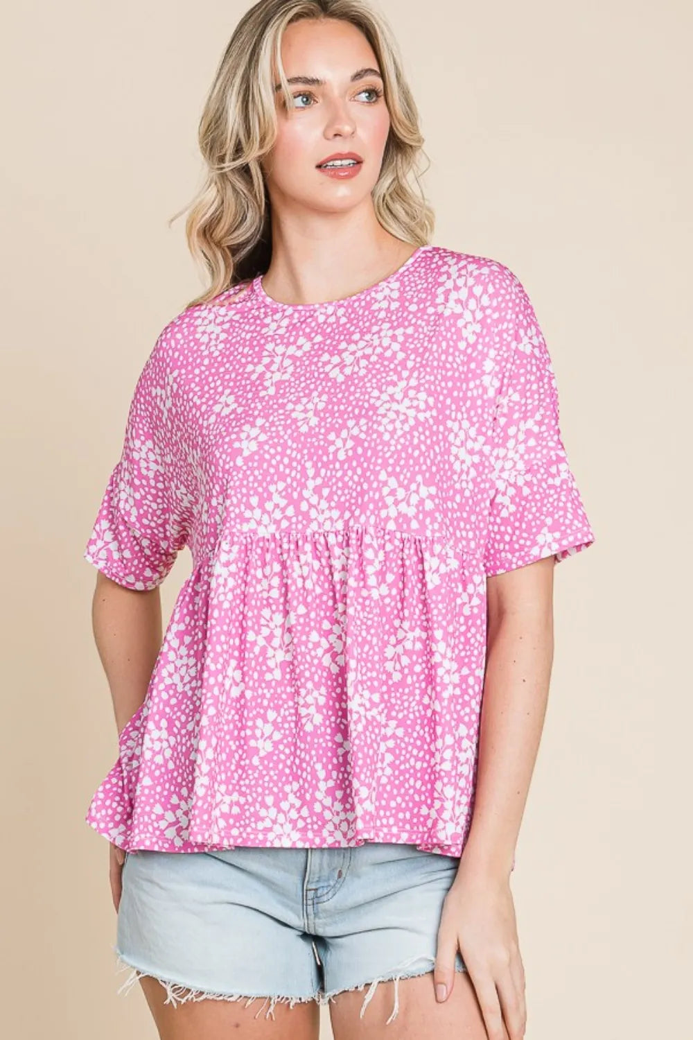 BOMBOM Floral Round Neck Peplum Blouse 48581b61-fc69-4da8-b75a-894a423ac273-Max