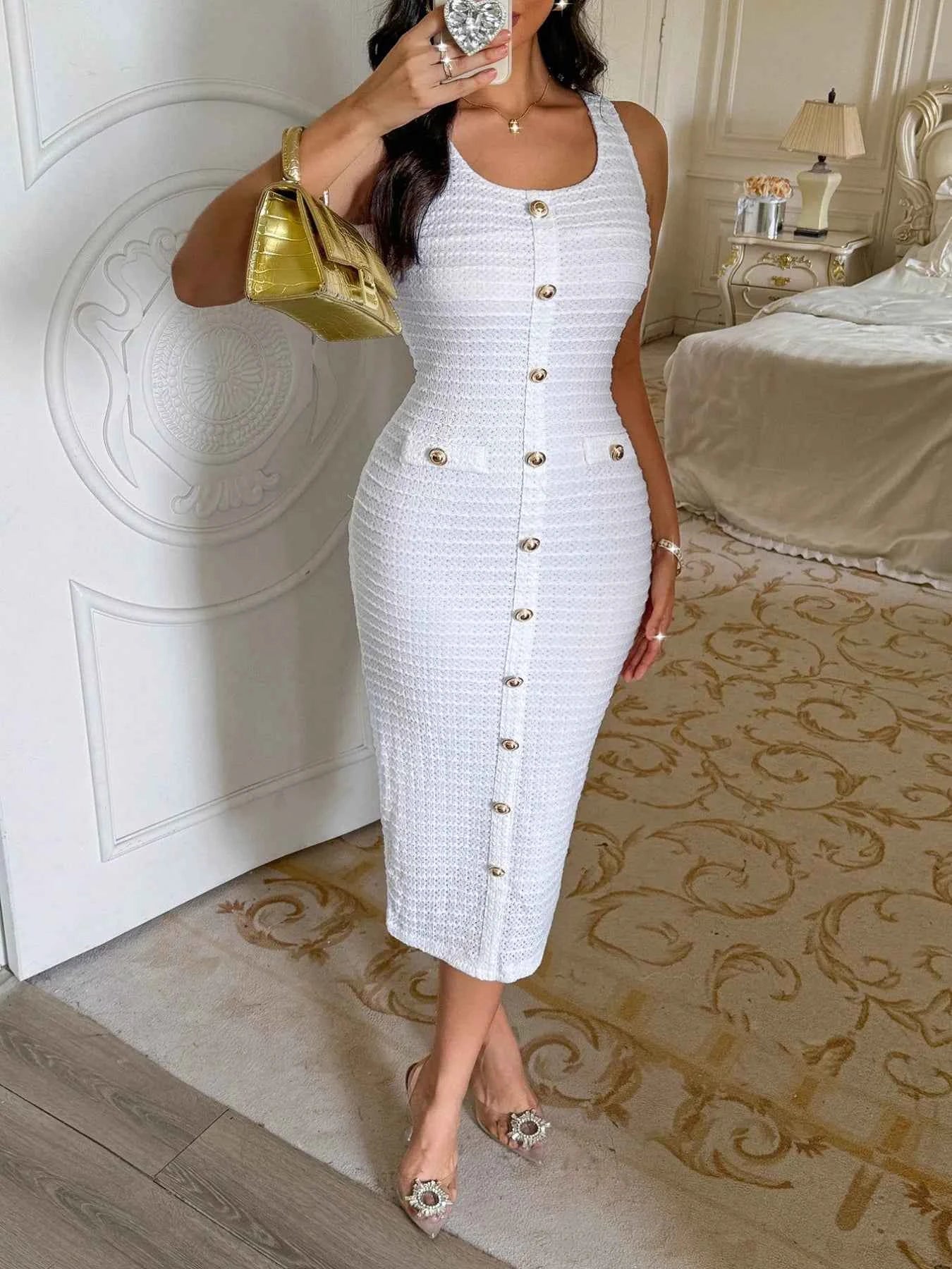 Textured Midi Tank Dress with Decorative Button White 48639ad3-beef-4b41-a3db-5ee38bba1b68-Max-Origin