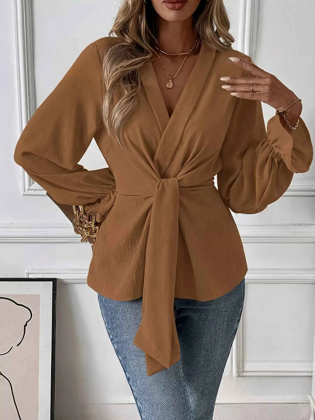 Knot Front Flounce Sleeve Blouse Brown 4863e1c0c6a942b9861b00f6d0252575-Max-Origin