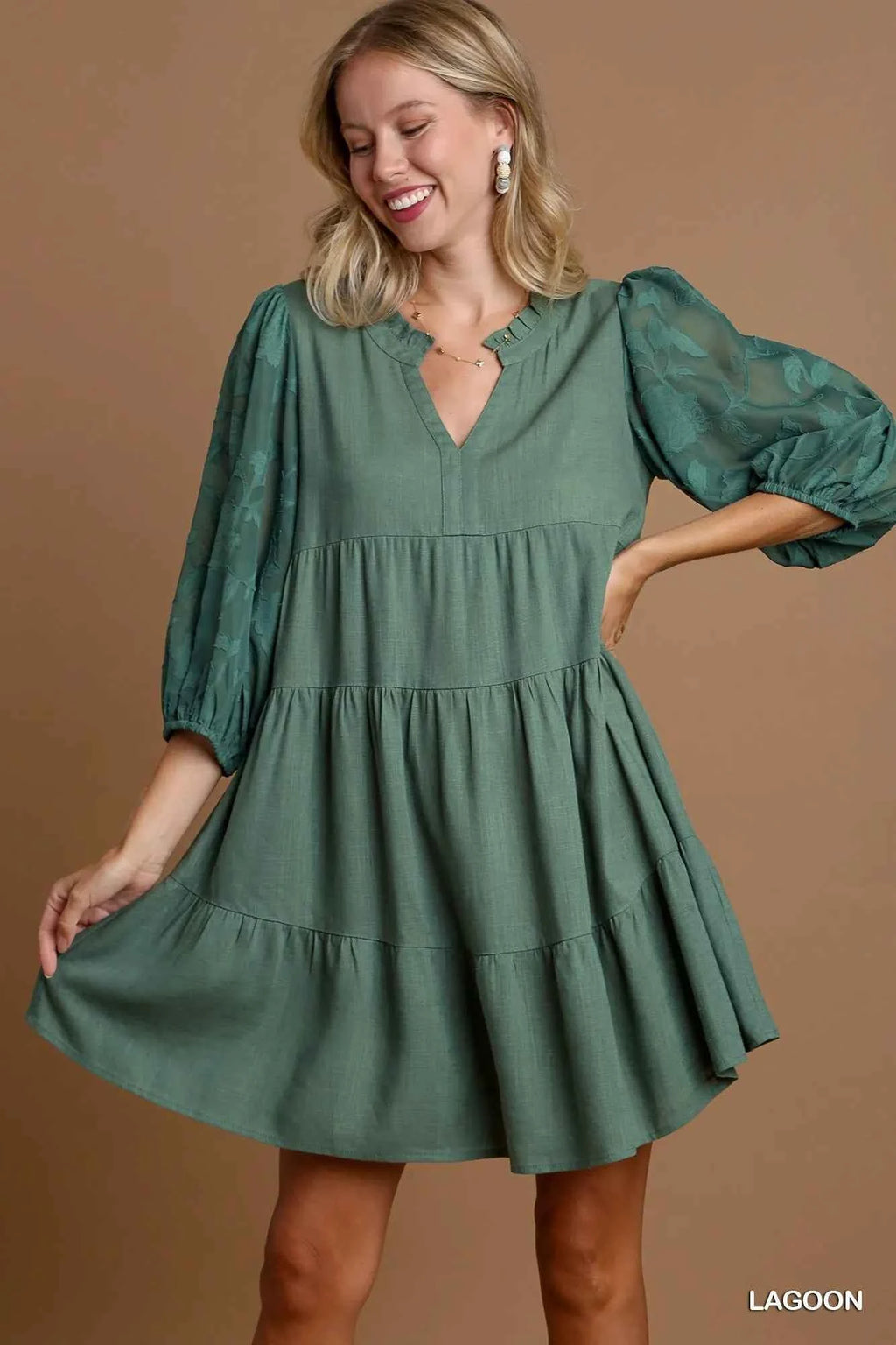 Umgee Floral Contrast Sleeve Tiered Dress LAGOON 48640a64-fe9d-435e-a0c3-c141fdf7ea99-Max-Origin