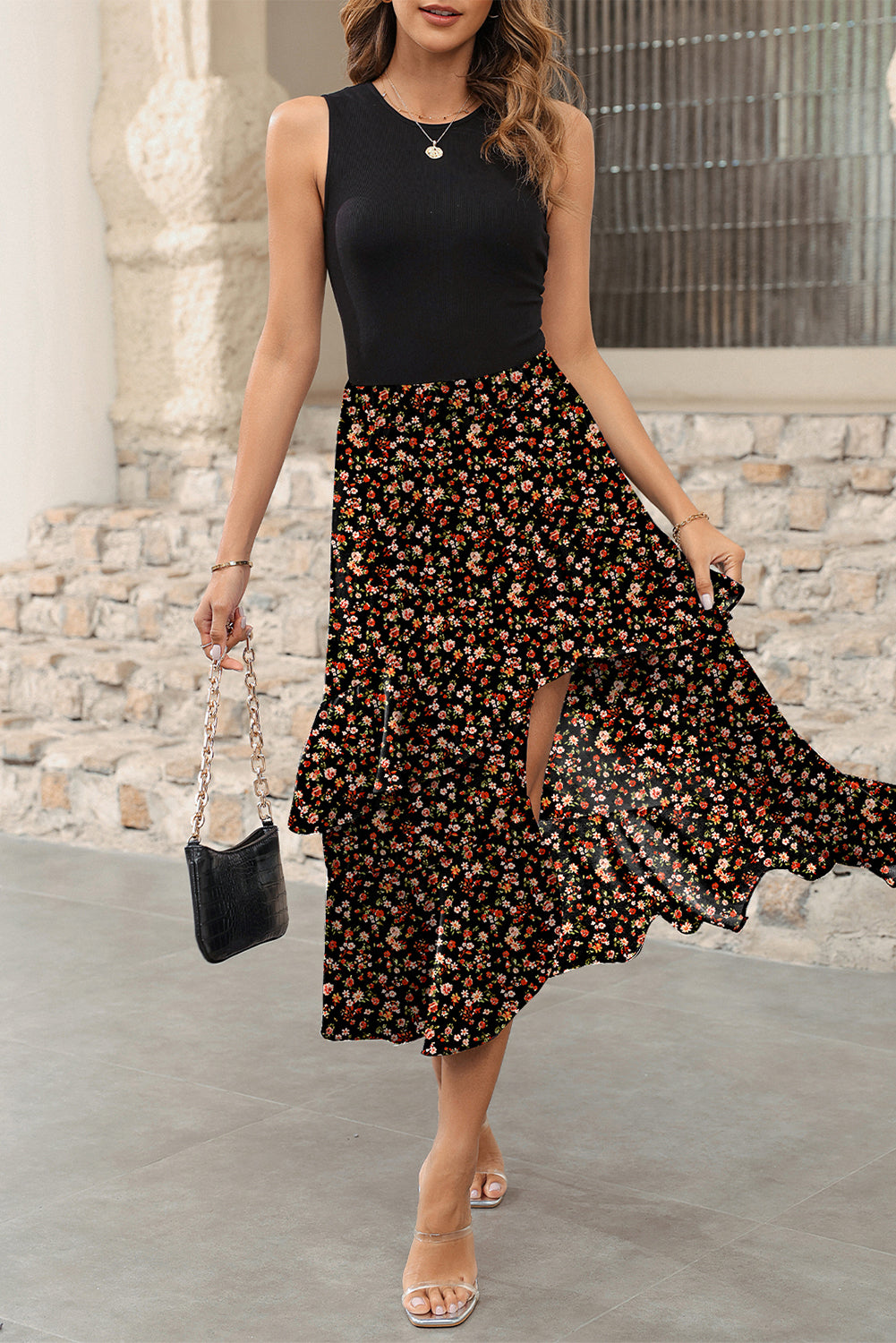 Black Floral Patchwork Asymmetric Ruffle Skirt Solid Tank Bodice Cocktail Dress 48640a68d1a5ab24