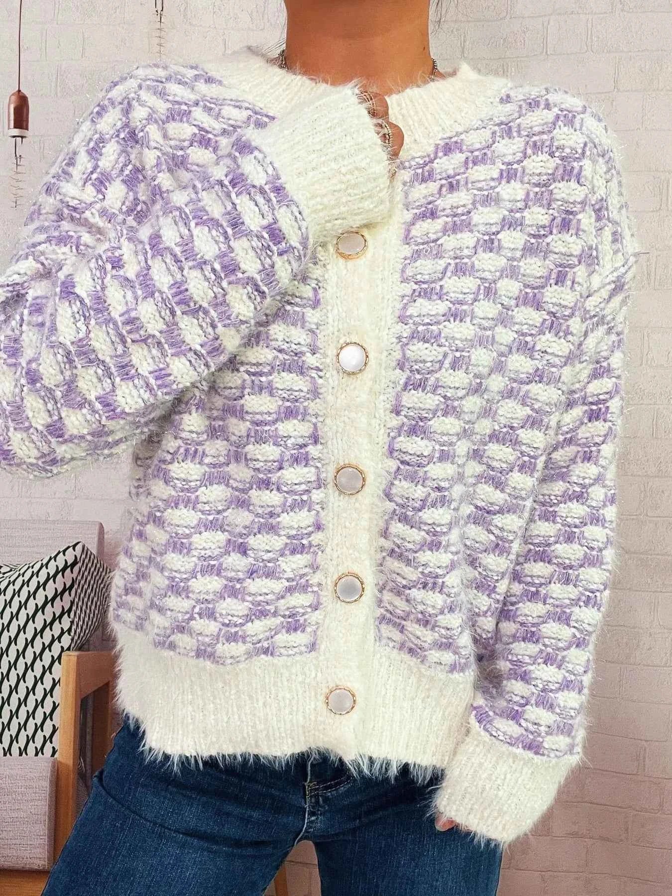 Fluffy Textured Button-Up Cardigan 48676197298f4e1a8590d3ef51ae1c8d-Max-Origin