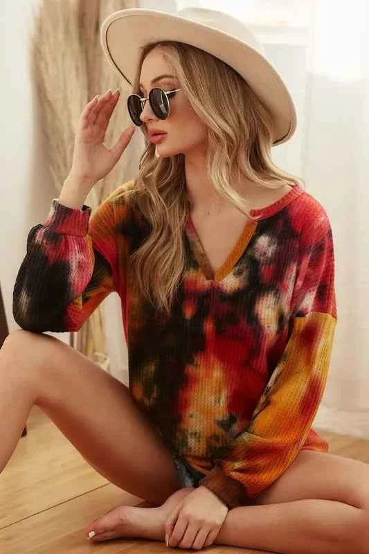 Tie Dye Brushed Waffle Top With Bubble Sleeves 48681832e9c747d491eba36f6a23c4e2-Max-Origin