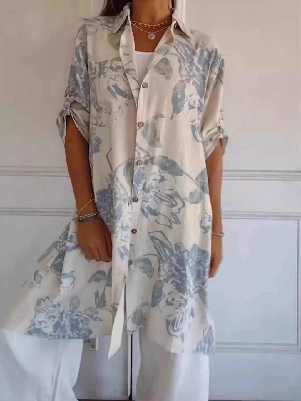 Full Size Floral Print Button-Up Shirt Dress Plus Size White 486ac44536434e118d178abdd73aaf7a-Max-Origin