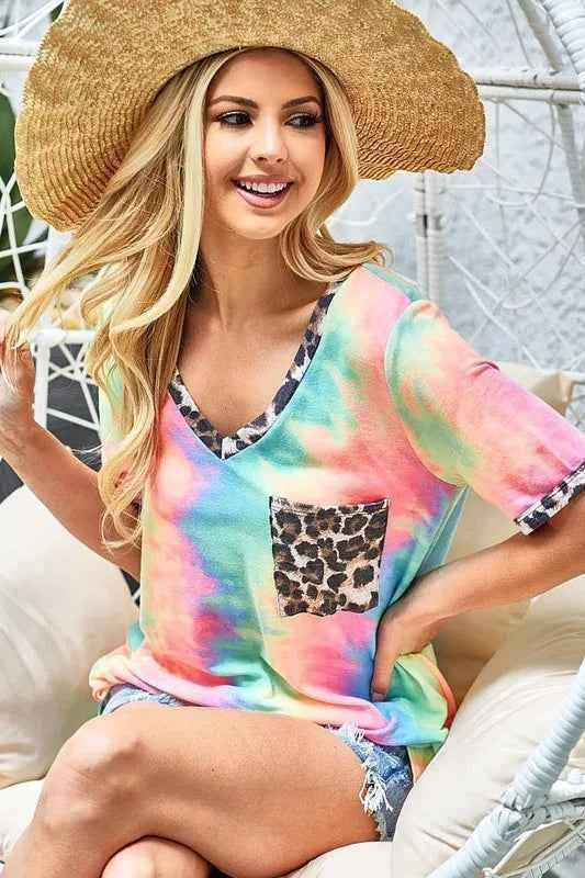 BiBi Tie Dye Print V Neck Top With Front Patch Pocket 486c04c2ca75468eb6d79edb2b5a8d29-Max-Origin