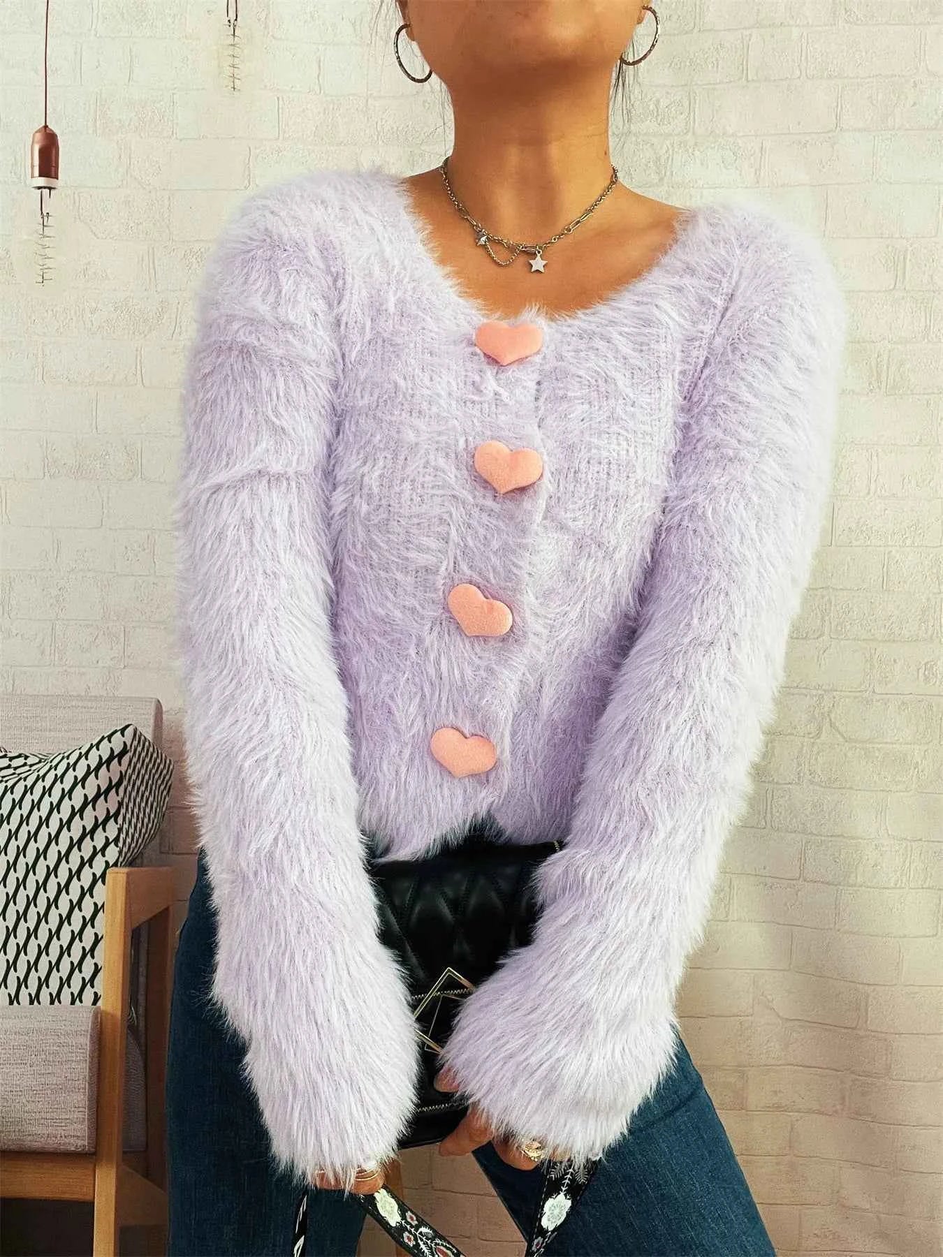 Fuzzy Heart Shape Button-Up Cardigan Purple One Size 486d8f9df1cd4f6a86ceaffc7c8f971b-Max-Origin