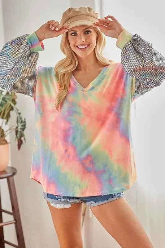 V Neck Tie Dye French Terry Top with Shiny 486de219af624ff28ffaf4c60f8cf6eb-Max-Origin