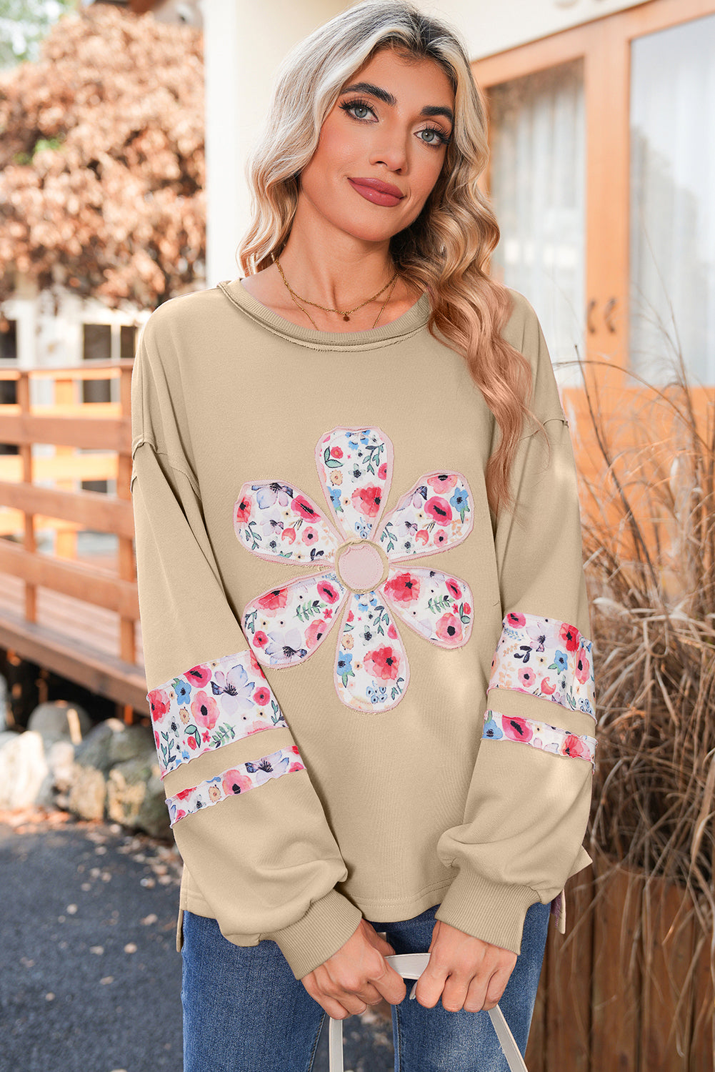 Wisteria Flower Applique Patchwork Drop Sleeve Pullover Sweatshirt 48702f7a09ff29c1