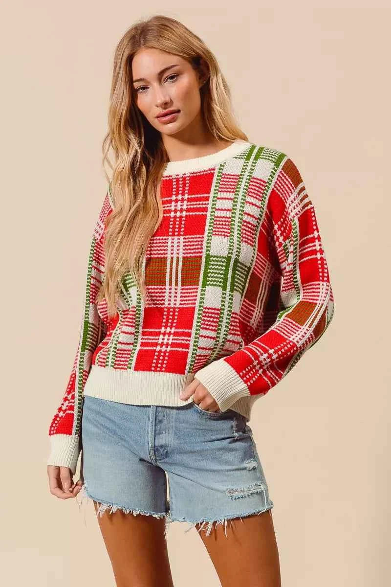 SO ME Christmas Color Checkered Plaid Crew Neck Sweater 487222964c15478c8785cce839c5ae60-Max-Origin