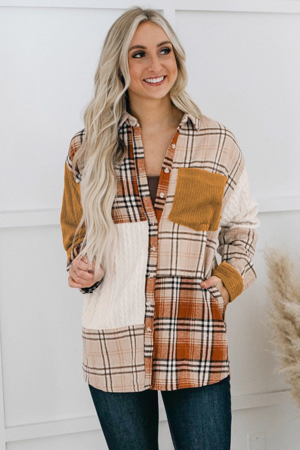 Orange Plaid Color Block Patchwork Pocket Shirt Shacket 487438a36eb31dc3