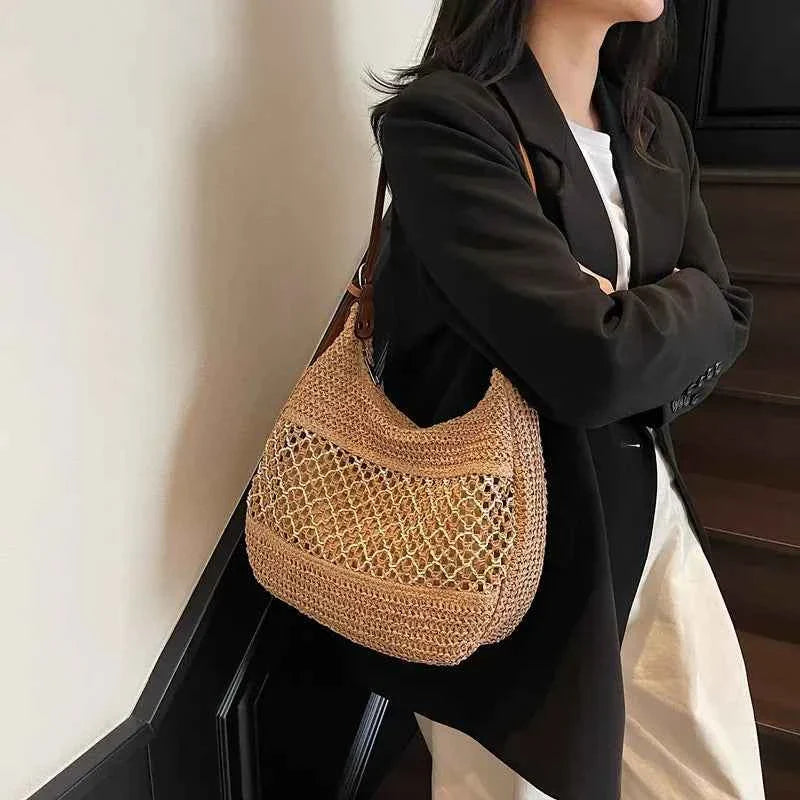 Woven Straw Crescent Shoulder Bag Khaki onesize 4876e57d664c4ecfbdb746091ccbee65-Max-Origin