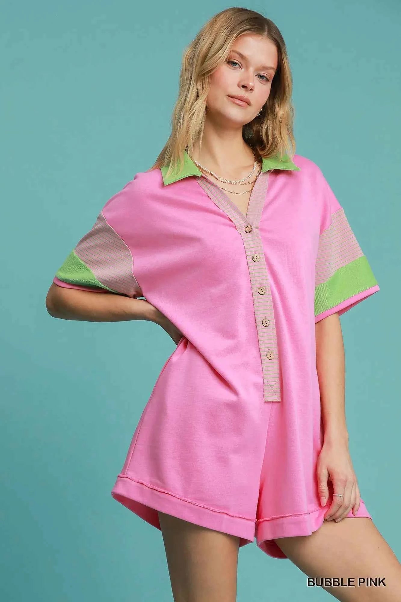 Umgee Contrast Trim Button Front Romper BUBBLE PINK 487b3654-bd30-4e46-945d-12e6c411ec18-Max-Origin