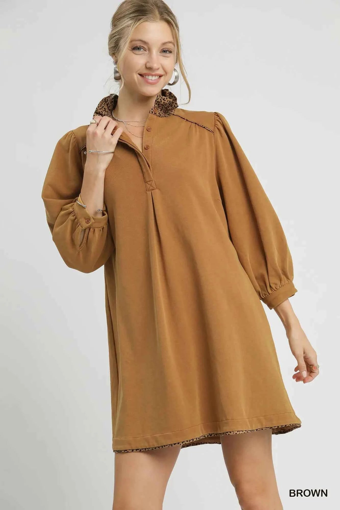 Umgee French Terry Balloon Sleeve Shift Dress with Leopard Print Detail Brown 487ea5e1-626b-40c4-8971-f8f81756c314-Max-Origin