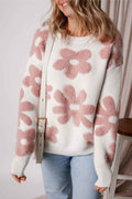 White Vintage Flower Drop Shoulder Loose Sweater White 42%Acrylic+30%Polyester+28%Polyamide 4880b83ea801d0cd