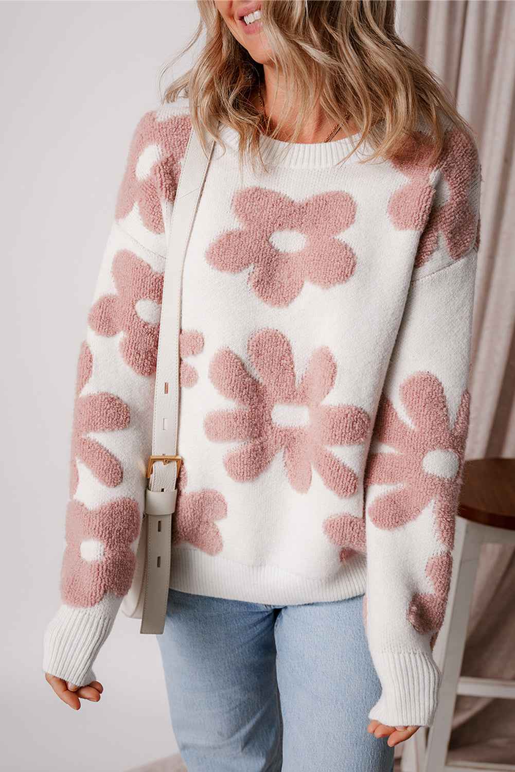White Vintage Flower Drop Shoulder Loose Sweater White 42%Acrylic+30%Polyester+28%Polyamide 4880b83ea801d0cd