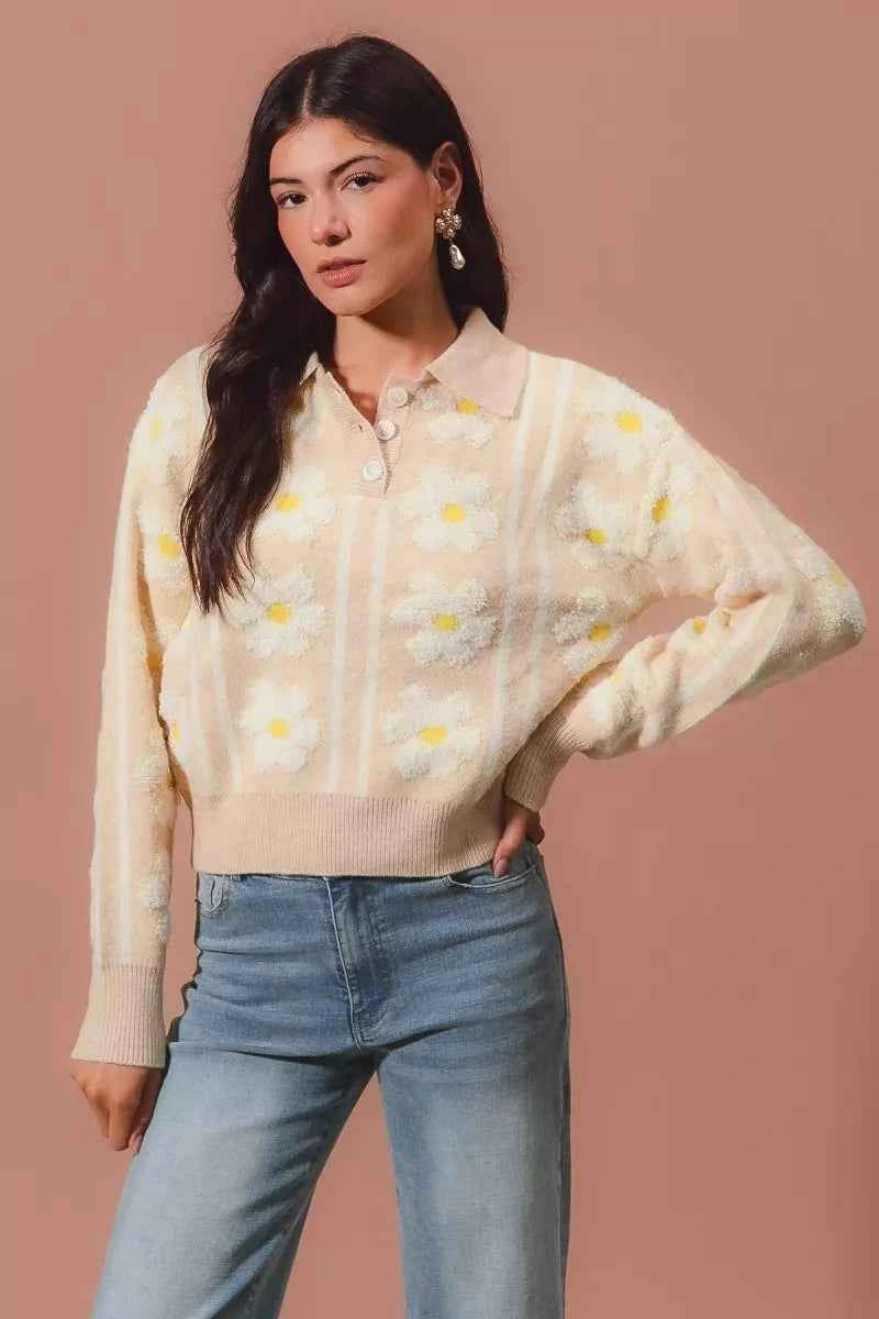 SO ME Floral Stripe Polo Collar Sweater 48820c64-04d5-458c-85fd-d1a848657b3f-Max-Origin