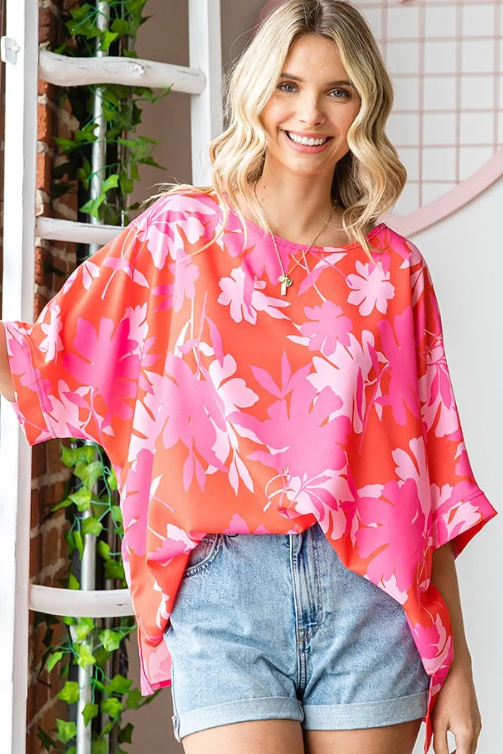 First Love Slit Printed Round Neck Half Sleeve Blouse CORALMULTI 4885ec47-c989-4185-9611-eccc1b0fd82d-Max