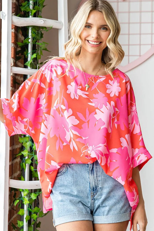 First Love Slit Printed Round Neck Half Sleeve Blouse CORALMULTI 4885ec47-c989-4185-9611-eccc1b0fd82d-Max