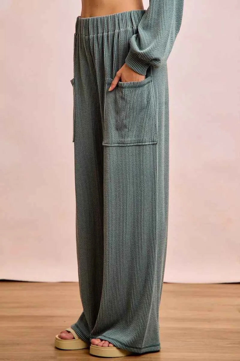 BiBi Two Tone Cord Rib Contrast Stitching V-Neck Top and Pants Set 4886470059bf4b46b0d031e23b5ec959-Max-Origin