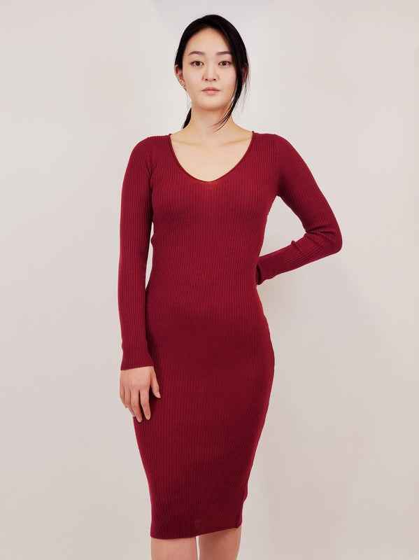 V-Neck Sheer Ribbed Knit Long Sleeve Sweater Dress Burgundy 488d1519-8f60-4b59-8749-85243cc88844
